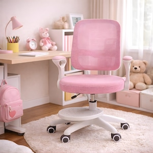 Scaun De Birou Copii Premium Ergonomic KD Home® ErgoKid, Cadru Solid, Inaltime Reglabila, Roti Silentioase Silicon, Suport Picioare Ajustabil, Spatar Ajustabil pe Inaltime, Cotiere Rabatabile, Rezistent la Foc, Pana la 120 kg, Roz
