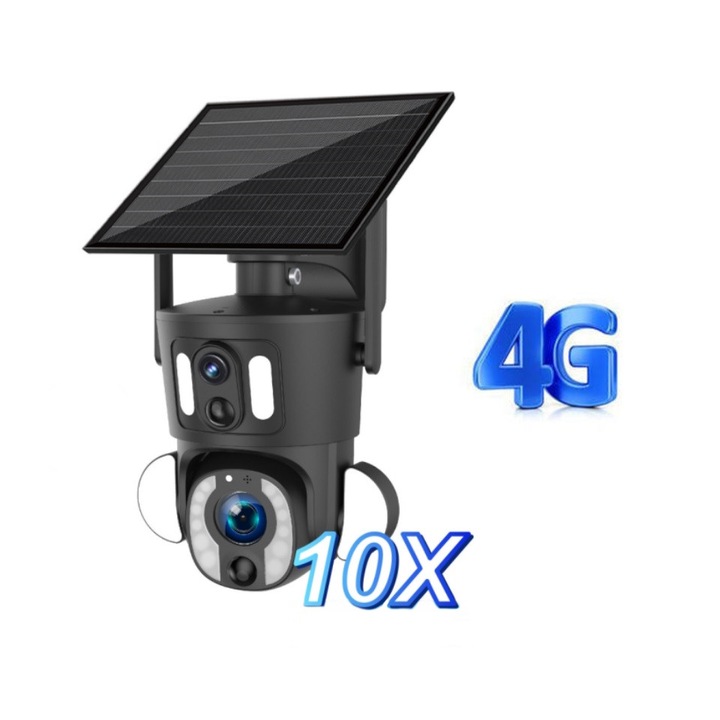 4G LTE Соларна Камера с 10X Оптично Увеличение, PTZ Въртяща се, Слот за SIM, LED Лампа, Откриване на Човек, Onshop, Черна