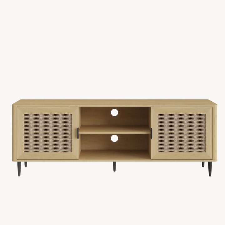 Comoda TV, en.casa, Lukhomso, 152 x 40 x 54 cm, mdf, plastic, efect stejar, efect ratan, negru cu 2 usi si 2 rafturi