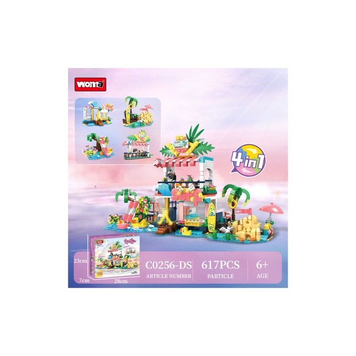 Set de constructie WOMA, Casa de vacanta pe plaja, 4 scene, multicolor, 21,6x38x11,7cm