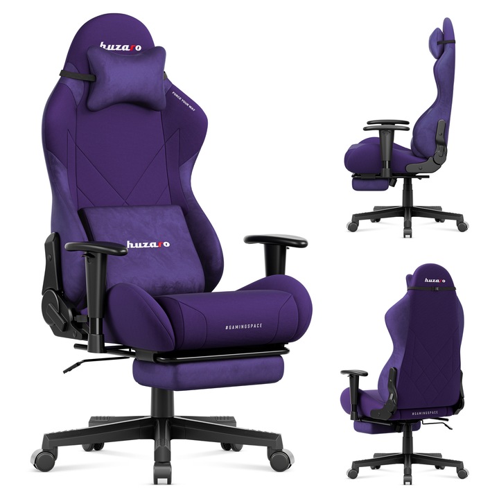 Scaun Gaming, Huzaro, Force 5.7, Perna pentru cap, Cotiere ergonomice 2D, Functie deviere cu blocare, Suport extensibil pentru picioare, Perna lombara, Certificat SGS, scaun reglabil, inaltime reglabila, pana la 136 kg, Violet