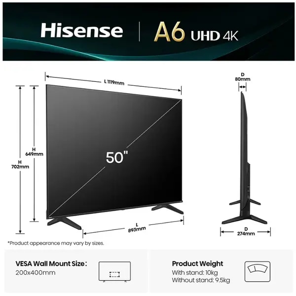 Televizor Hisense 50A6Q Smart TV 4K Negru 127cm