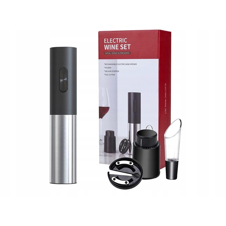 Tirbuson electric pentru vin HARD-ER IS BETTER, set complet, design elegant, 22,8x4,6cm