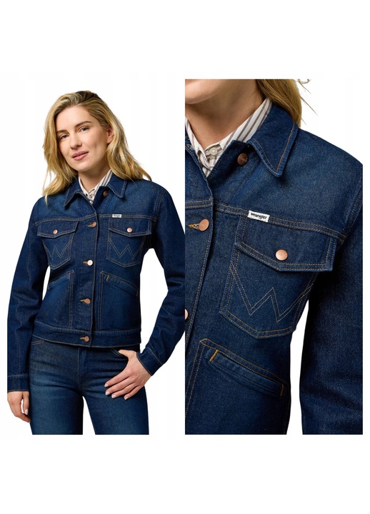 Női Dzseki, Wrangler, Heritage Jacket, Normál Fazon, Farmer Hatású, Klasszikus Dizájn, Hosszú Ujjú, Gombos, Pamut, Kék, Sötétkék