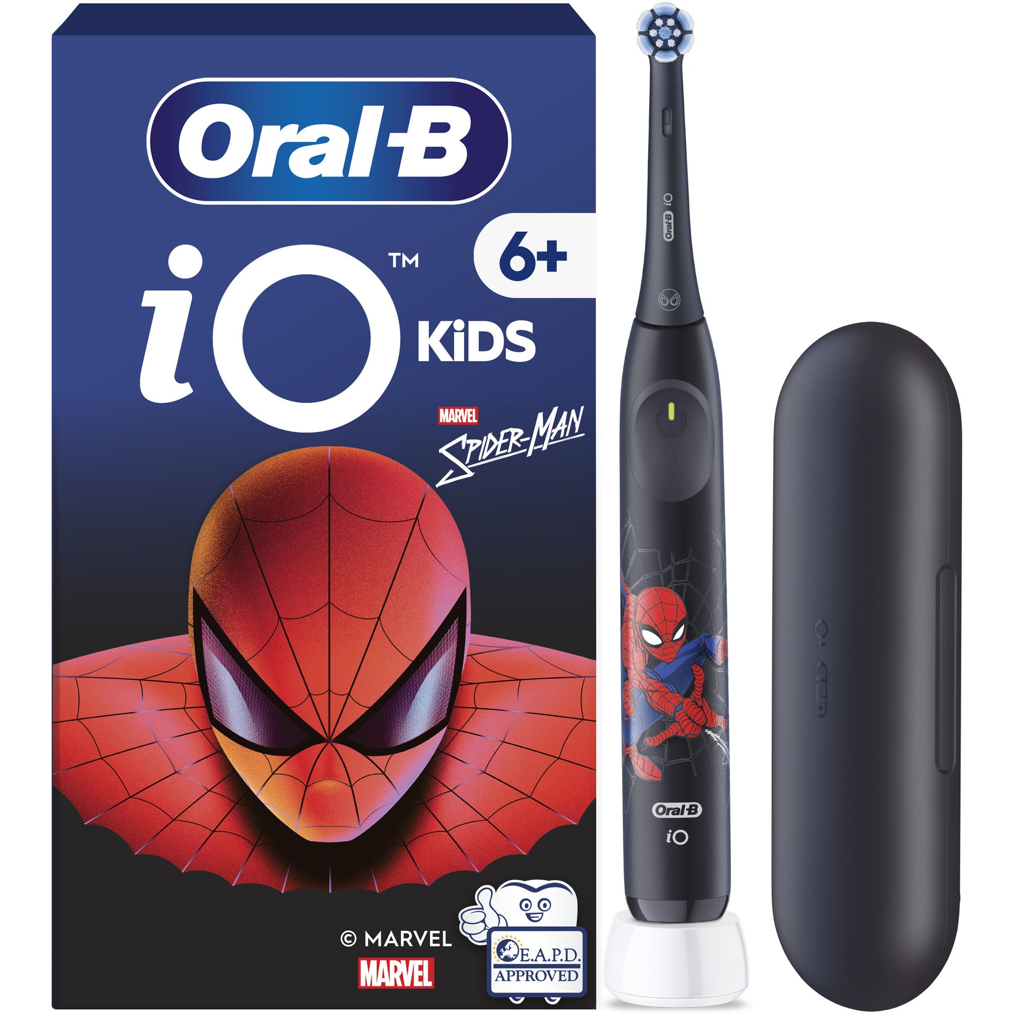 Periuta de dinti electrica Oral-B iO Kids Marvel Spiderman, 1 capat de periaj, 1 trusa de calatorie, 3 moduri cu modul sensibil prietenos pentru copii, cronometru muzical de 2 minute, pentru varste de 6+