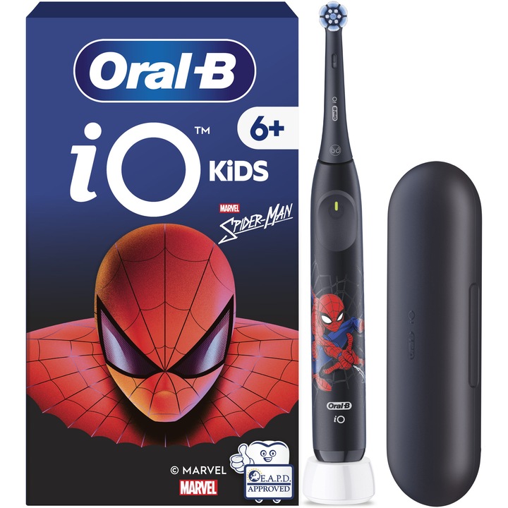 Periuta de dinti electrica Oral-B iO Kids Marvel Spiderman, 1 capat de periaj, 1 trusa de calatorie, 3 moduri cu modul sensibil prietenos pentru copii, cronometru muzical de 2 minute, pentru varste de 6+