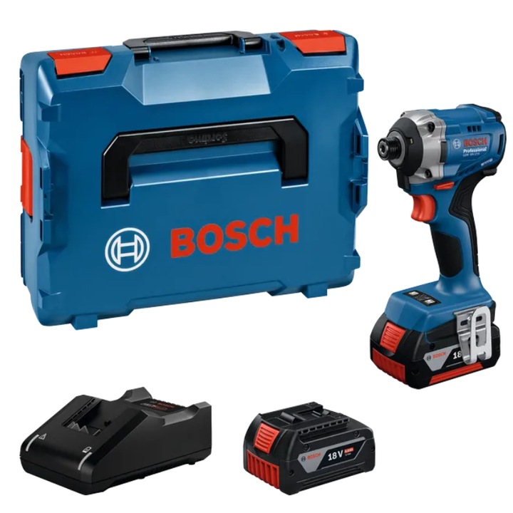Masina de infiletat/desfiletat cu percutie pe acumulator Bosch Professional GDR 18V-215, 06019N2002, 18 V, 215 Nm, 3300 RPM, motor brushless, locas hexagonal interior 1/4", 2 acumulatori GBA 18V 4.0Ah, incarcator GAL 18V-40, cutie L-Boxx 136
