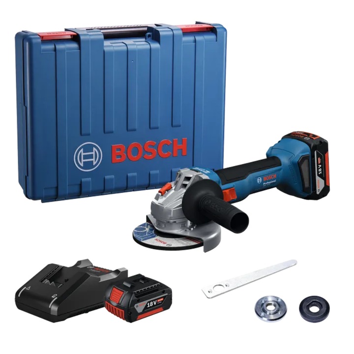 Polizor unghiular cu acumulator Bosch Professional GWS 18V-8, 06019N9020, 18 V, 11.000 RPM, 125 mm, cheie pentru splinturi, flansa de prindere, piulita de strangere, 2 acumulatori GBA 18V 4.0Ah, incarcator rapid GAL 18V-40, valiza profesionala
