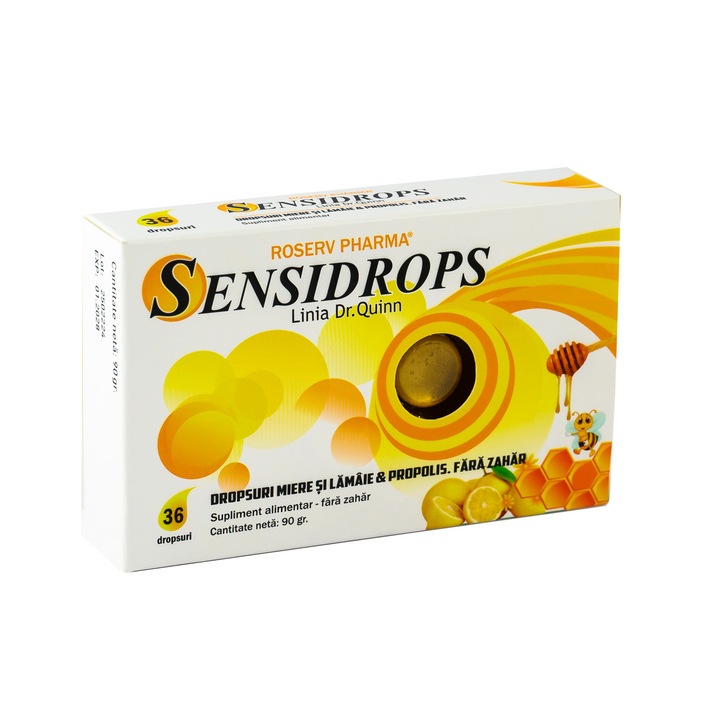 Supliment alimentar Sensidrops cu miere, lamaie si propolis, 36 dropsuri, ROSERV PHARMA, bomboane, pentru copii si adulti