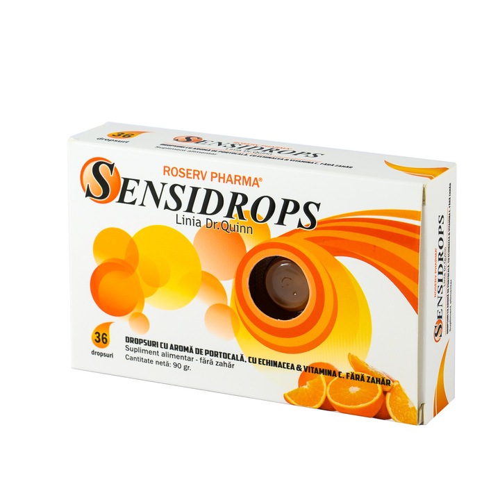 Sensidrops cu aroma de portocala, ROSERV PHARMA, 36 dropsuri, vitamina C, echinaceea