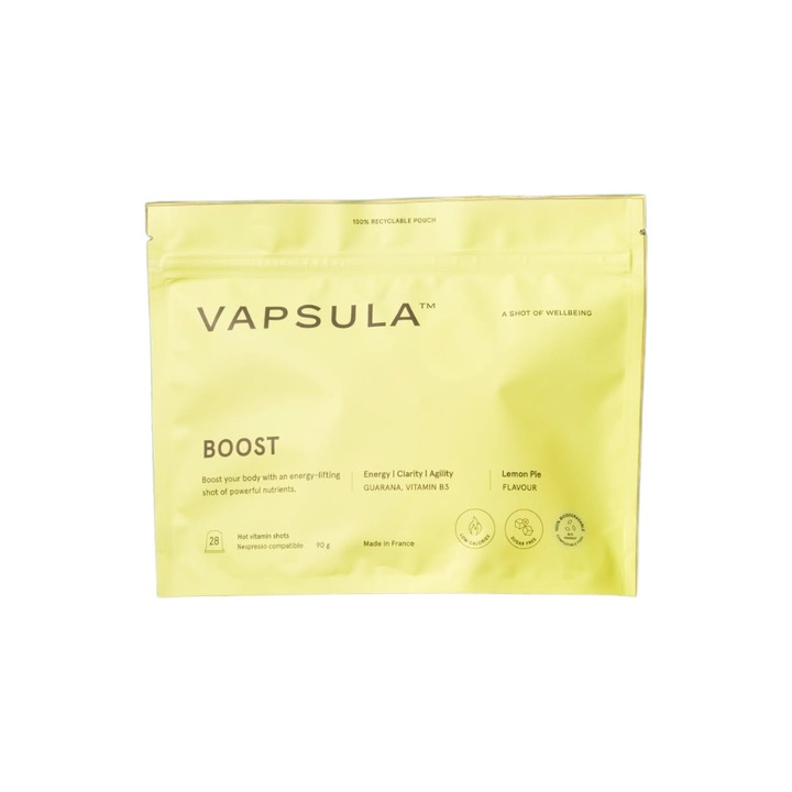Vapsula vitamin kapszula szett, BOOST, Nespresso kompatibilis, prémium, 100% organikus, revitalizáló hatás, B-vitamin komplex, koffeint tartalmaz, támogatja a szervezet egyensúlyát, hozzáadott cukor nélkül, tartósítószer nélkül, citrom íz, 28 db
