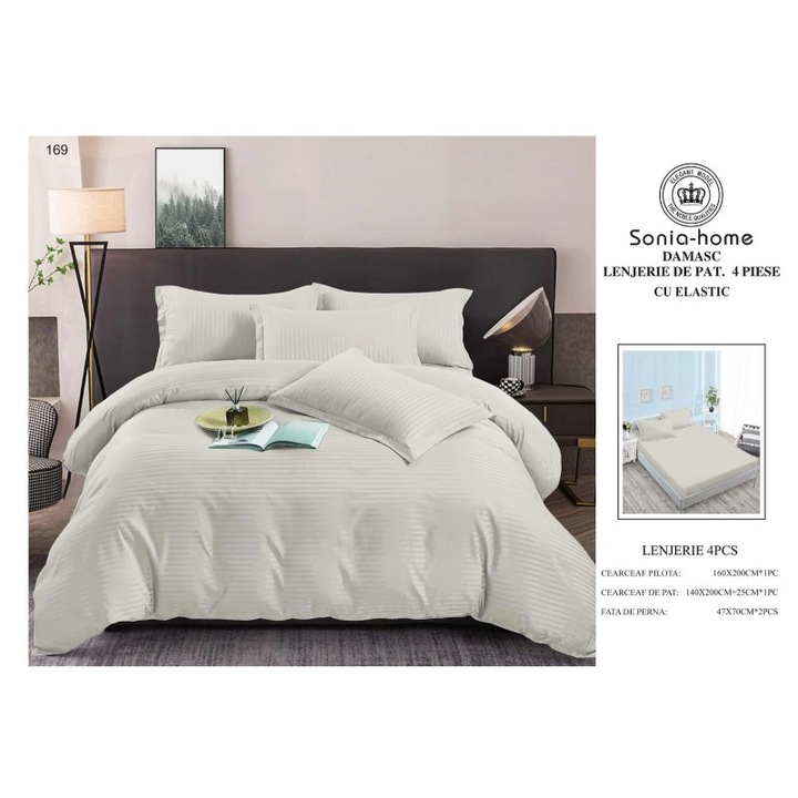 Damaszk ágyneműhuzat, 100% pamut, 4 részes, egyszínű, 1 személyes ágyra, gumis lepedő, 140x200 + 25 cm, paplanhuzat 160x200 cm (cipzárral), párnahuzat 47x70cm-2 darab