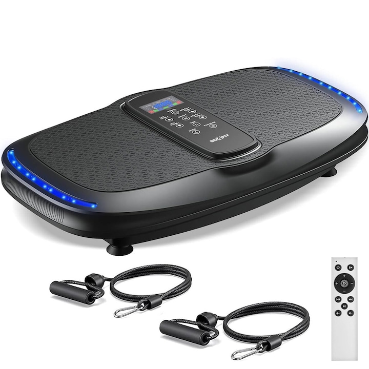 Aparat Vibromasaj GO4FIT®, Model V3000, 200W, 200 Niveluri Viteza, 4 Programe Presetate, Bluetooth & Difuzor Integrat, Display LED Tactil, Telecomanda Inclusa, Platforma 80x44 cm, Silentios 45dB, Greutate Maxima 150 kg, Negru