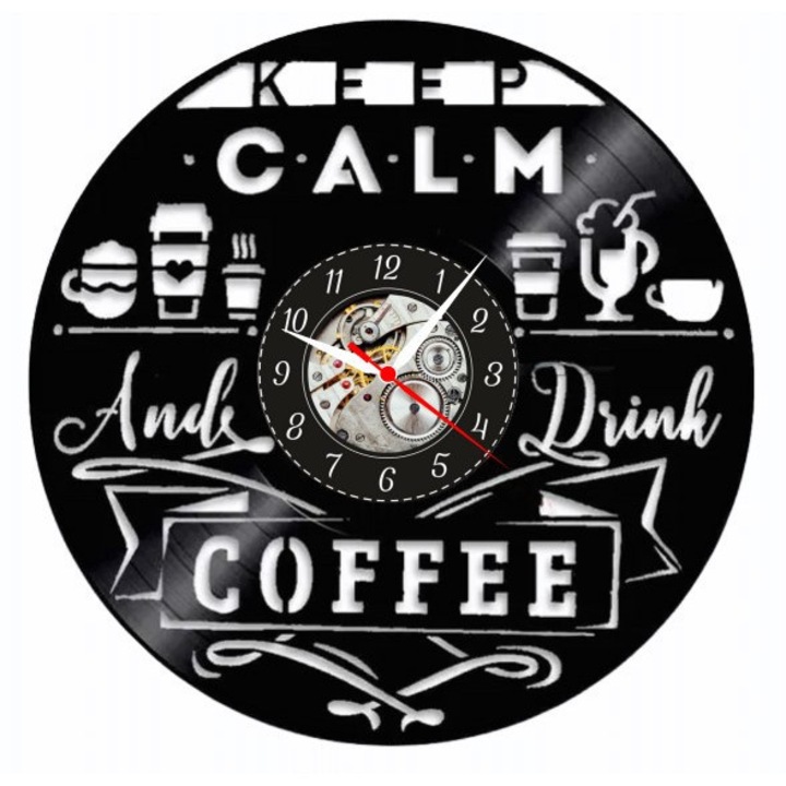 Dekoratív falióra "Keep Calm and Drink Coffee", fekete, 30 cm, bakelit lemez