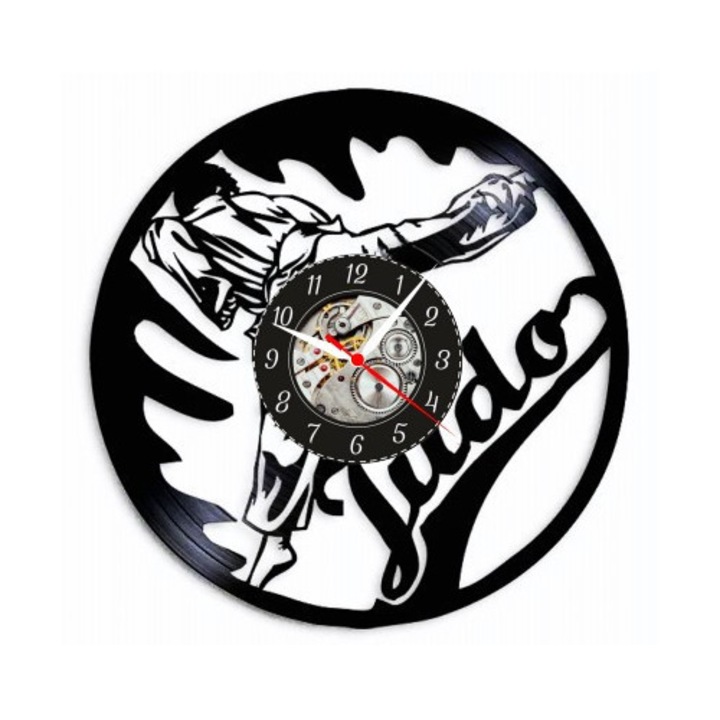 Judo Spirit dekoratív falióra, bakelit lemez, harcművészeti design, fekete, 30 cm