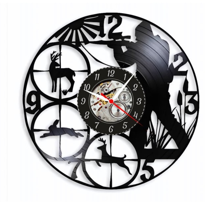 Dekoratív falióra, vadászat és természet dizájn, fekete, 30 cm