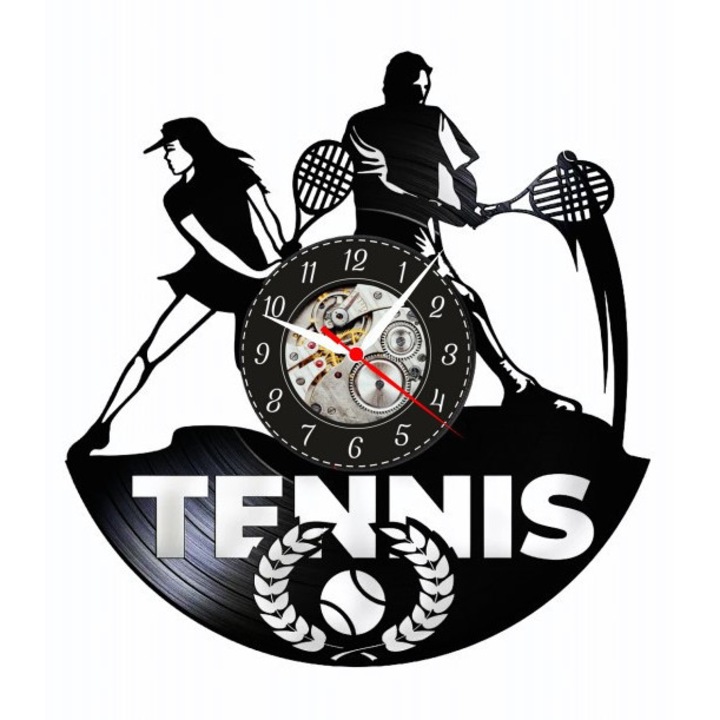Grand Slam Tenisz díszítő falióra, bakelit lemez, teniszező design, kvarc szerkezet, 30cm