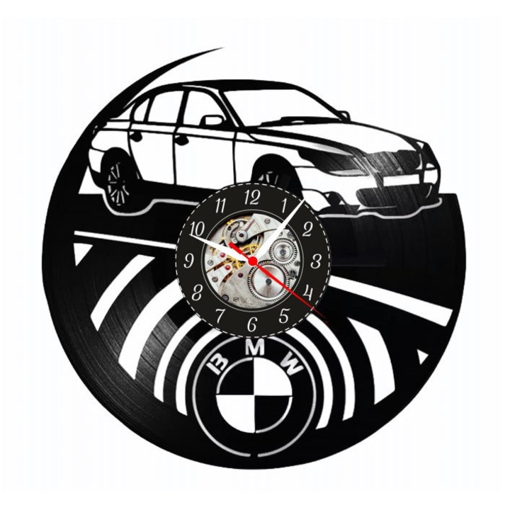 Dekoratív falióra, BMW, autó design bakelit lemezből, Quartz szerkezet, fekete