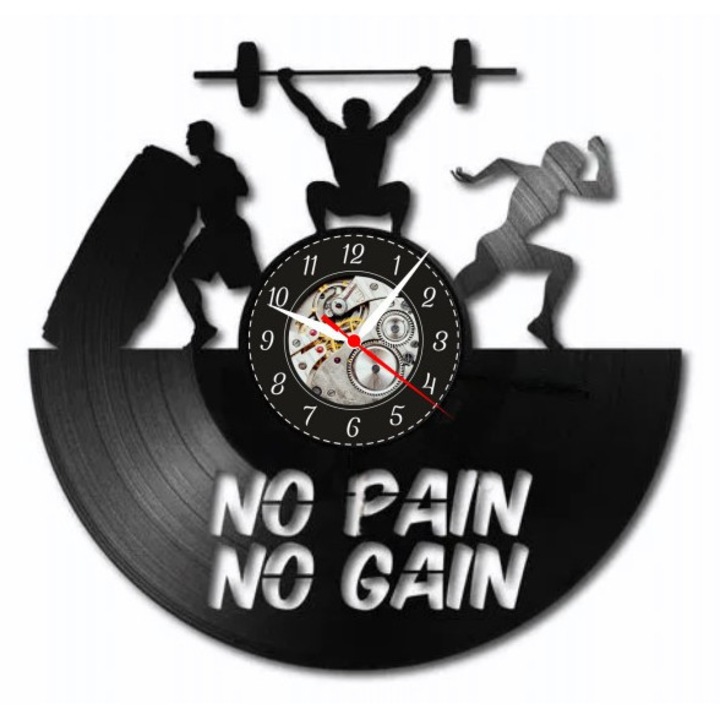 Dekoratív falióra, edzőtermi motiváció, fitnesz és testépítő design, „No Pain No Gain” üzenet, vinyllemezből, kvarc szerkezet