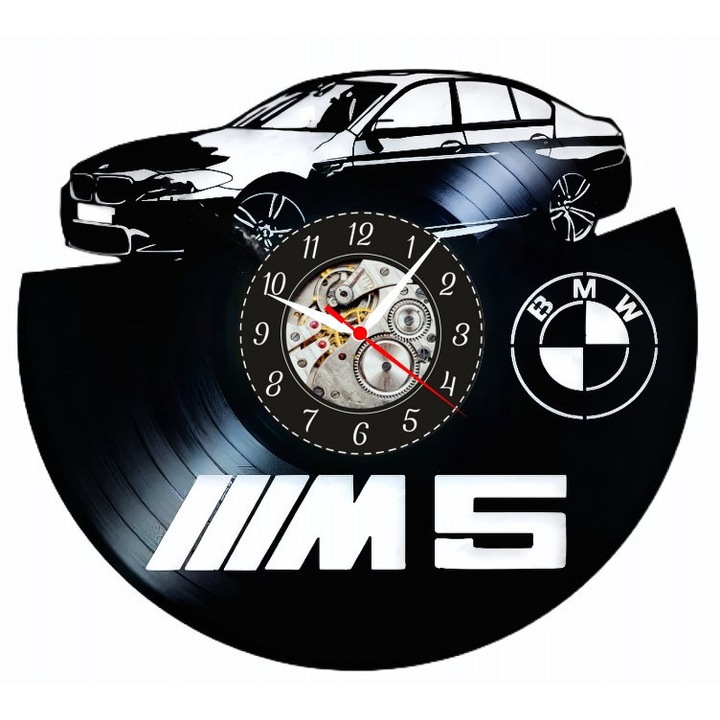 Dekoratív falióra, bakelit lemez, autó design, BMW M5, kvarc szerkezet, többszínű