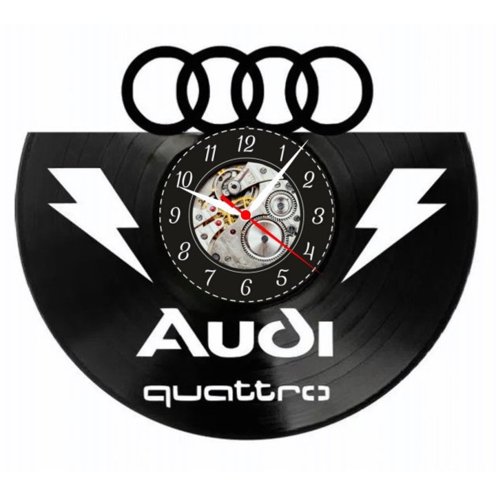 Dekoratív falióra, Audi Quattro, bakelit lemez, Quartz szerkezet, 30x30cm