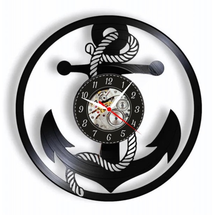 Dekoratív falióra, tengerészkék horgony, bakelit lemez, tengeri design, csendes mechanizmus, 30x30cm