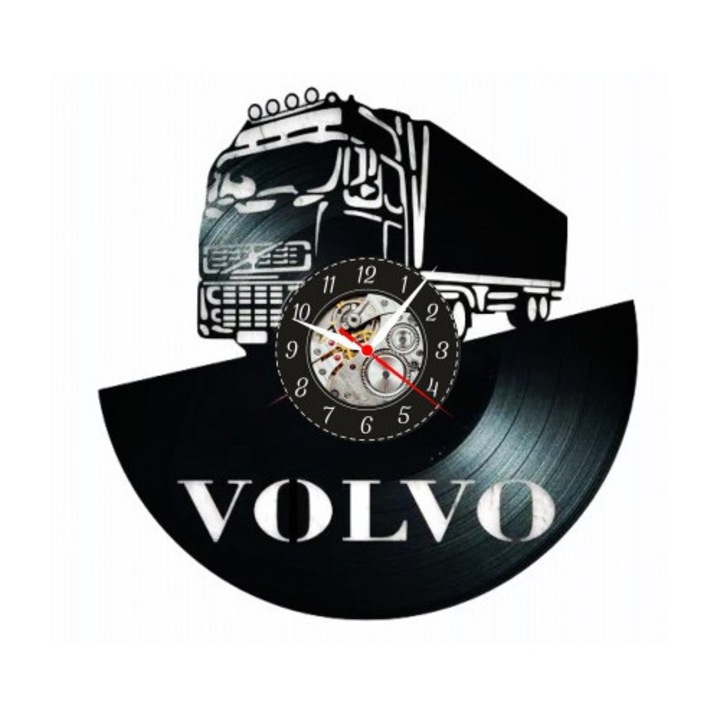 Volvo dekoratív falióra, bakelit lemez design, fekete, kvarc mechanizmus