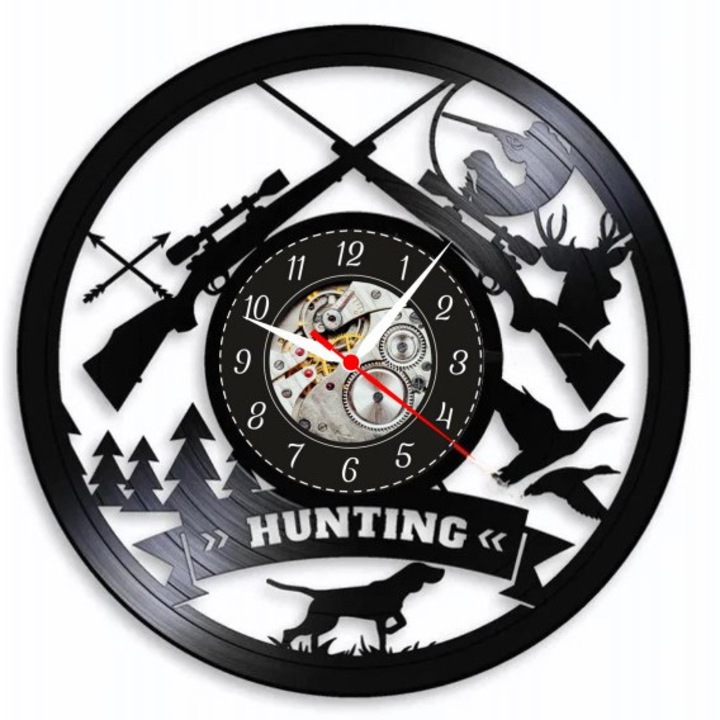 Forest Hunting dekoratív falióra, természetes design, fekete, 30 cm