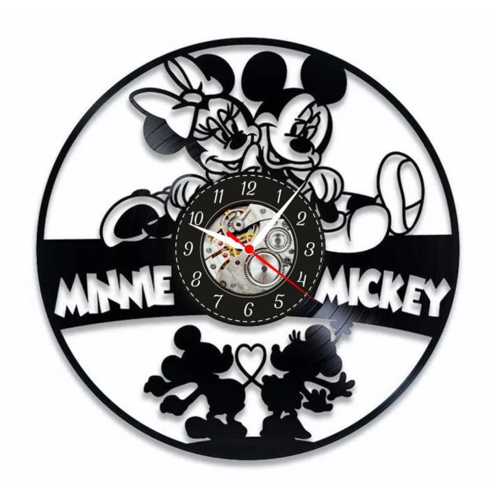 Dekoratív falióra, Minnie és Mickey, rajzfilm design, fekete, 30 cm