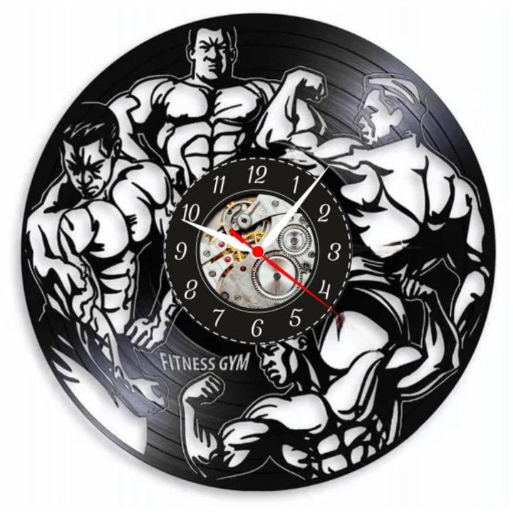 Dekoratív falióra, fitnesz design, fekete, 30 cm, bakelit lemezből készült