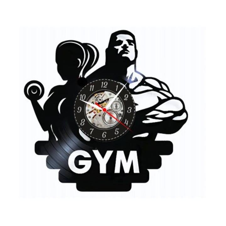 Dekoratív falióra, Power Couple GYM, bakelit lemez, Bodybuilding design, kvarc szerkezet
