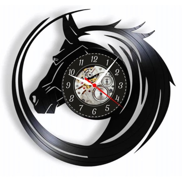 Dekoratív falióra, Stallion's Spirit, Lófej design, újrahasznosított bakelit, halk mechanizmus, 30x30cm