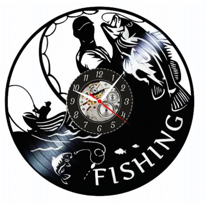 Dekoratív falióra Fishing Adventure, Horgászat & Természet design, Fekete, 30 cm