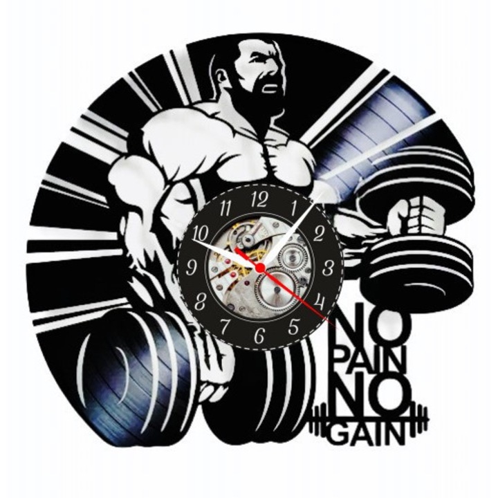 Dekoratív falióra, No Pain No Gain, testépítés & fitnesz design, fekete, 30x30cm
