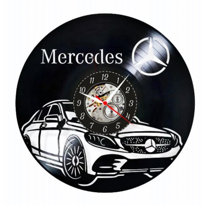 Dekoratív falióra Mercedes Legend, fekete, 30 cm, bakelit lemezből, Auto & Luxury design