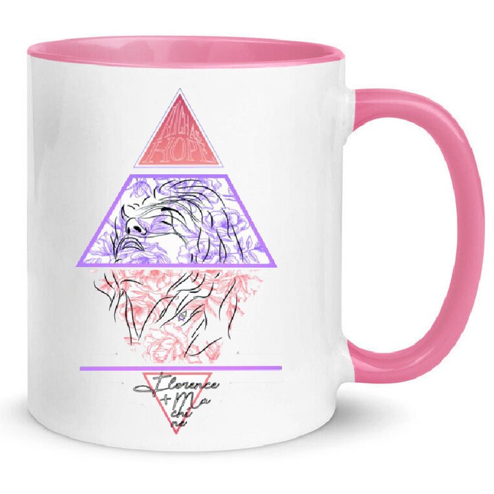 Cana ceramica No12, alb cu interior si maner roz, 330ml, lavabila la masina de spalat, set pentru fani Florence and the Machine