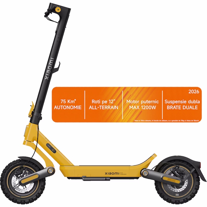 Trotineta electrica Xiaomi Electric Scooter 6 Ultra, putere motor 500W, autonomie max. 75km, viteza maxima 25 Km/h, Greutate Max. 140kg, Roti 12"", Culoare Galben