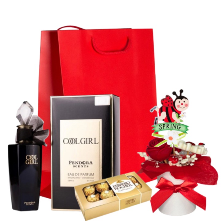 Pachet cadou Femei, Parfum Cool Girl Pendora Scents 100 ml, Aranjament floral din ceara Buburuza Flori, FERRERO ROCHER Bomboane 100 g, Punga cadou
