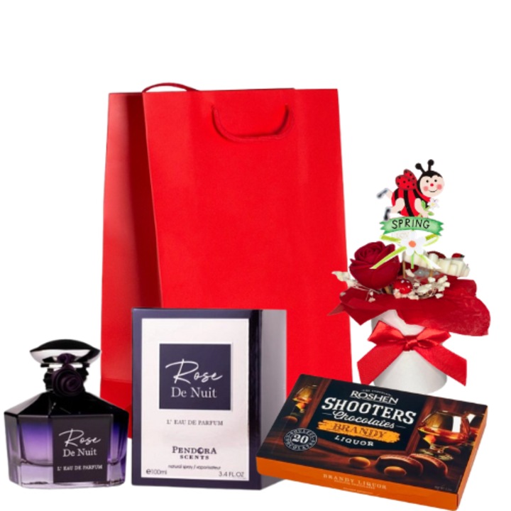 Pachet cadou femei Happy, Apa de Parfum arabesc Rose De Nuit 100 ml Pendora Scents, Cutie bomboane Shooters Brandy 150g, Aranjament floral din ceara de soia, Punga festiva