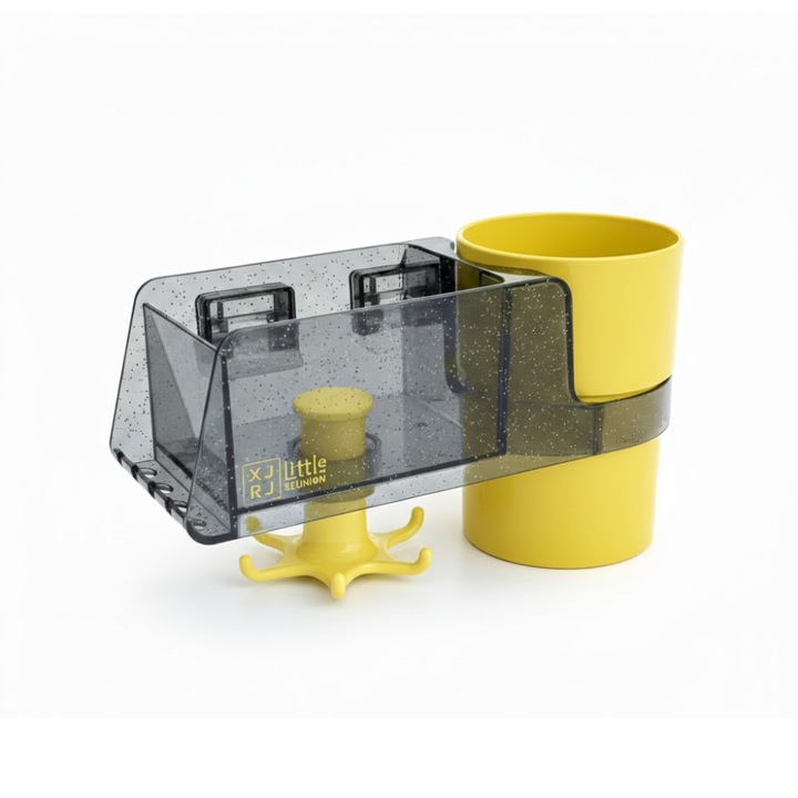 Organizator de Baie Multifunctional cu Suport pentru Periute, Pahar si Carlige Rotative, Galben/Transparent