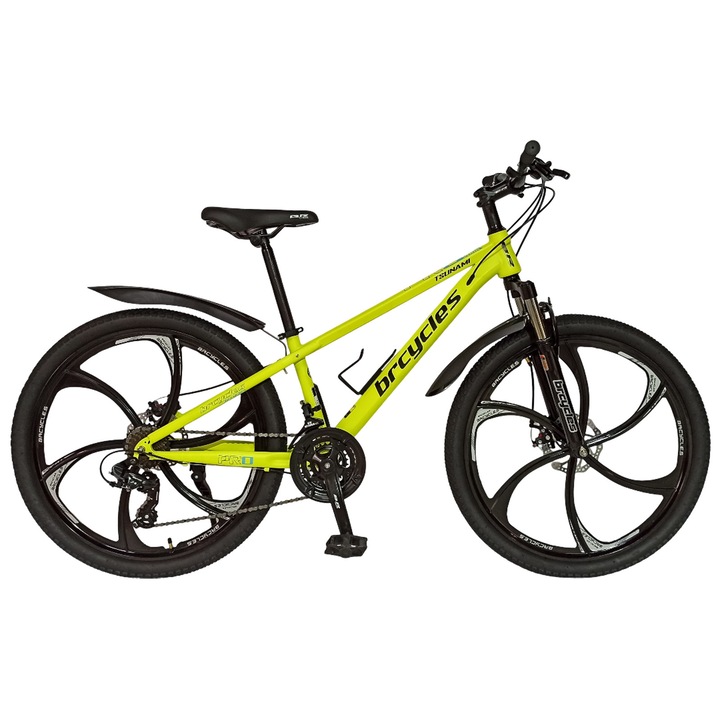 Bicicletă MTB-HT 26" BR CYCLES Tsunami ProMG, cadru otel 15", frâne disc, galben fluo