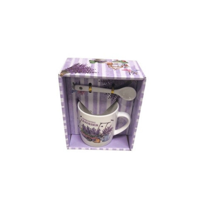 Cana ceramică cu linguriță în cutie cadou, Clini, model lavandă, 200 ml