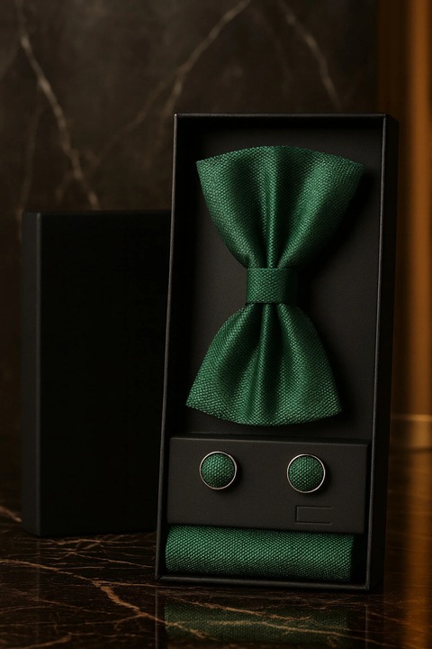 Férfi szett: csokornyakkendő, mandzsettagomb, díszzsebkendő – smaragd uralkodó