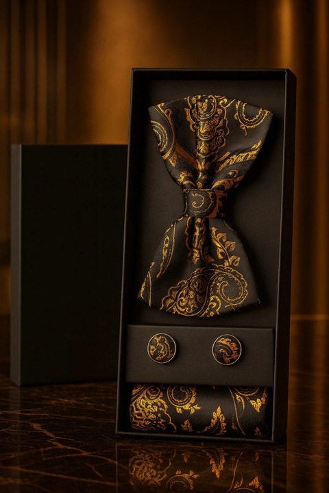 Férfi szett: csokornyakkendő, mandzsettagombok, díszzsebkendő – Aurelius Night