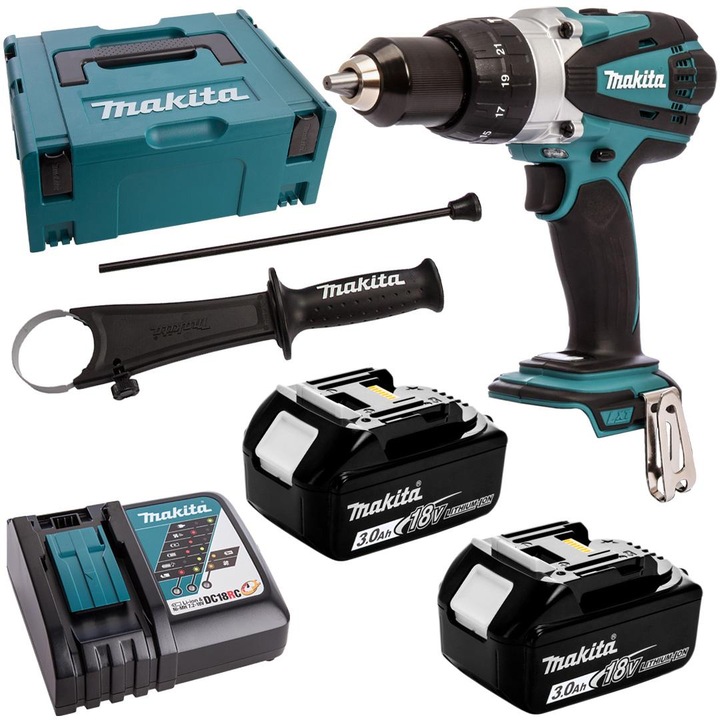 Masina de gaurit/insurubat cu percutie, fara fir, 18V LXT, 2 viteze, 91Nm, 2x3Ah Makita DHP458RFJ