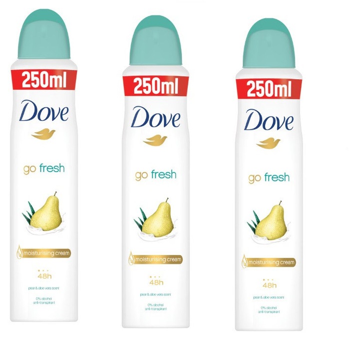 Pachet 3 x Deodorant spray Dove Go Fresh Pear & Aloe Vera, 250 ml