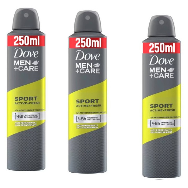 Pachet 3 x Deodorant antiperspirant spray, Dove, Men+Care Sport Active Fresh, 48 h, 250 ml