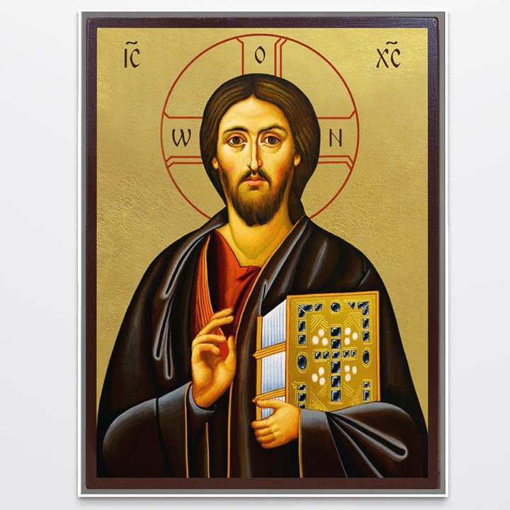 Tablou Canvas Premium, LuxCanva® H1088, Rama Aluminiu Silver, Icoana Iisus Hristos Pantocrator, 90 X 120 CM, Panza Bumbac 100% 400g/m2, Sasiu, Lemn, Icoana, Mantuitor, Fiu, Maica, Dumnezeu, Creatie, Izbavitor, Mantuitor, Pacate, Living, Dormitor