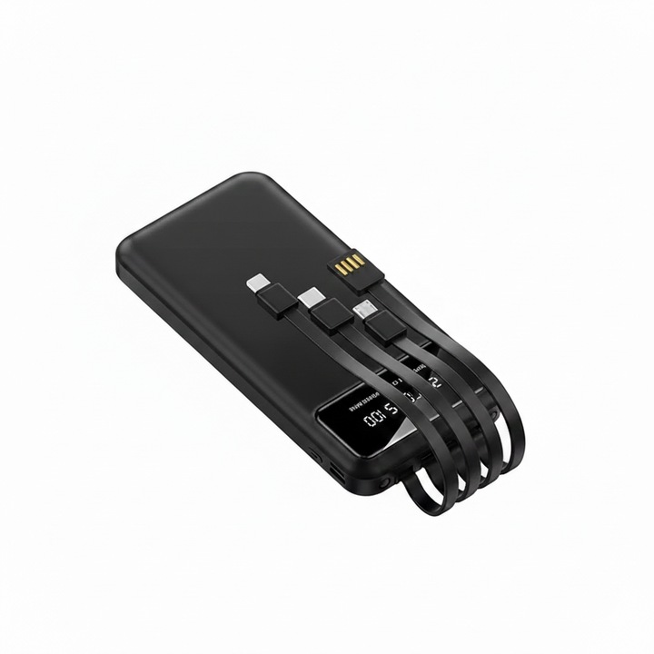 Baterie externa 20000mAh cu 4 cabluri integrate, Fast Charge, display LCD, negru, Brivoo®