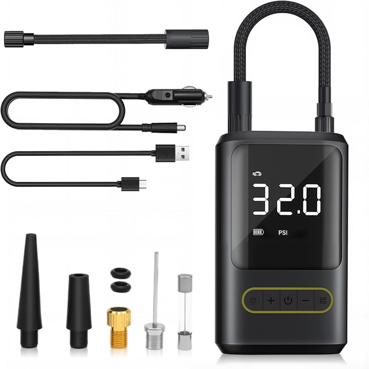 Compresor Auto Portabil Velixo®️, Wireless, Afisaj Digital, Functie Manometru, Baterie Externa, Lanterna LED, 150 PSI/10 BAR, 4000mAh, pentru Masina, Bicicleta, Motocicleta, Saltea, Minge, 5 Capete de Umflare, Cablu USB Type-C, Negru